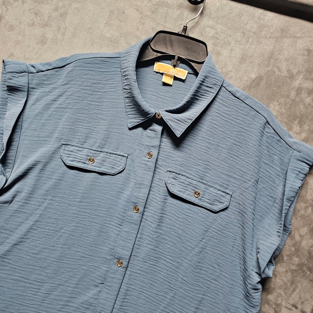 Michael‎ Kors Women Blue Textured Short Sleeve Button Down Blouse QS540TNDQ0